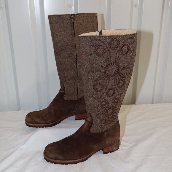 UGG Womens Ryder Tall Boots Embroidered Top Suede Sheepskin Size 9 Dark Brown - Picture 2 of 10